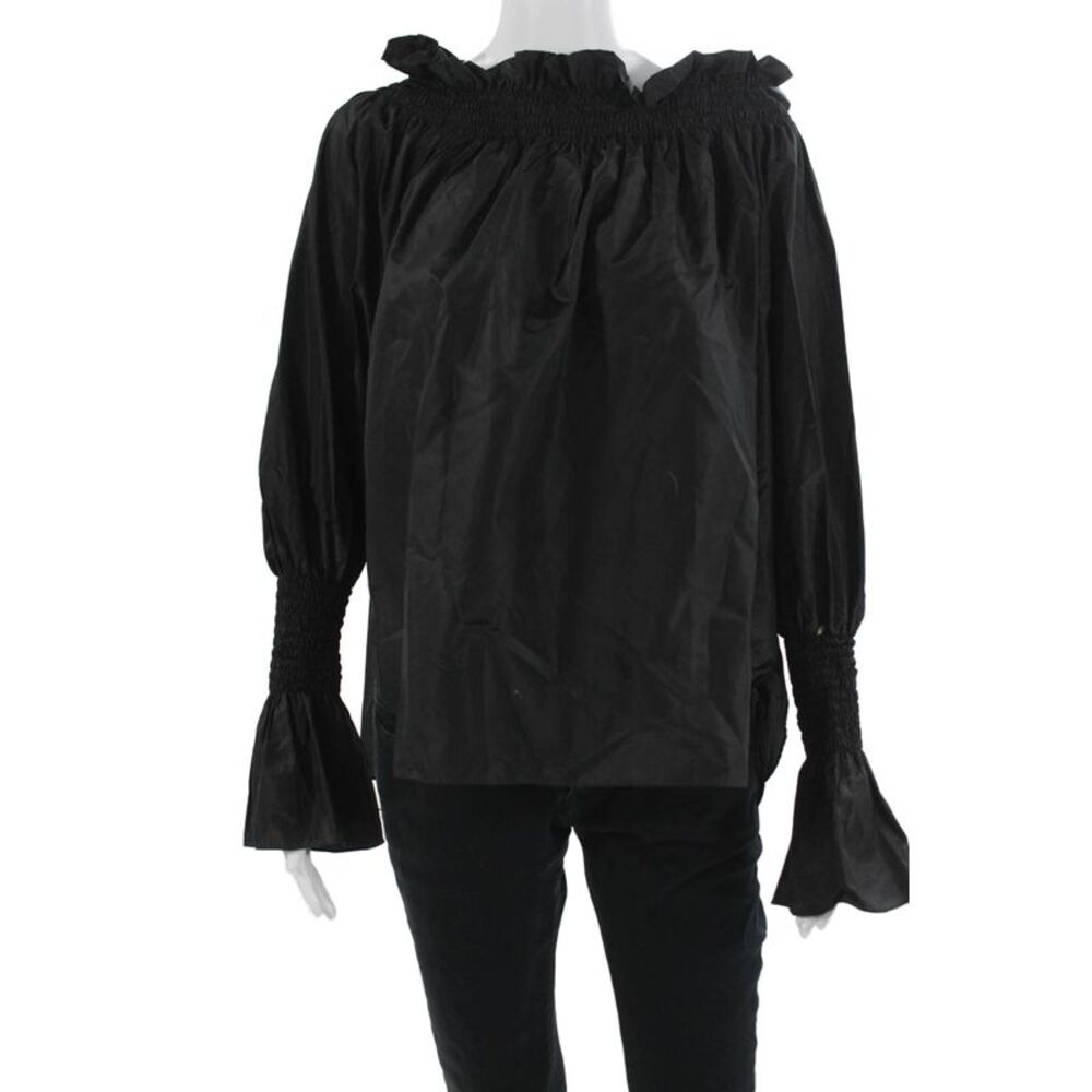 Adam Lippes Women Black Polyester Long Sleeve Solid Designer Blouse Size S